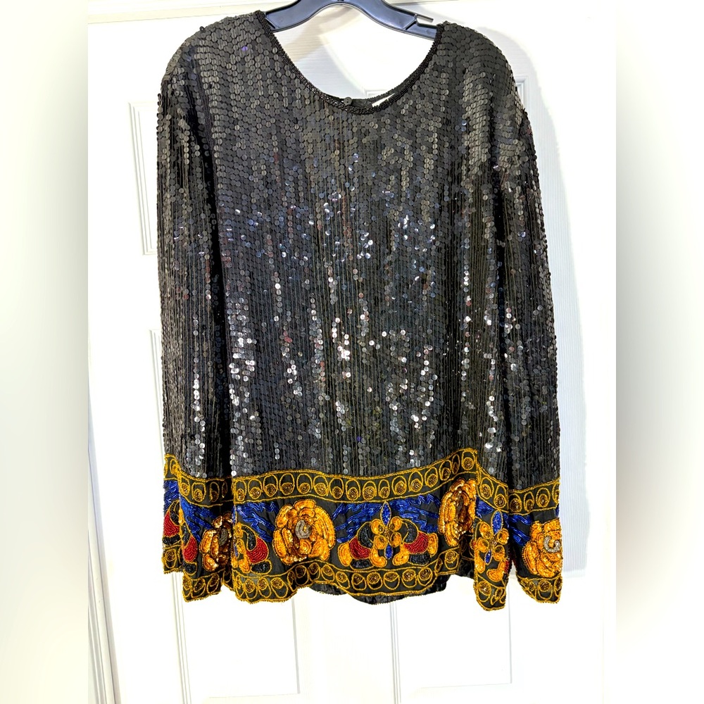 Sequin Embellished Black Top with Floral Trim